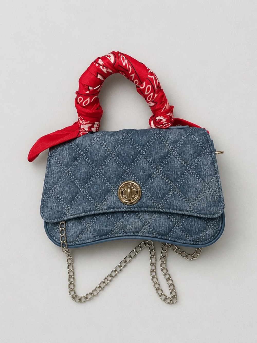 Women's Quilted Denim Crossbody Bag Bandana Red Scarf Handle